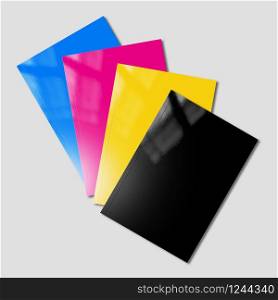 CMYK booklet covers set isolated on grey background - mockup illustration. CMYK booklets set mockup on grey background