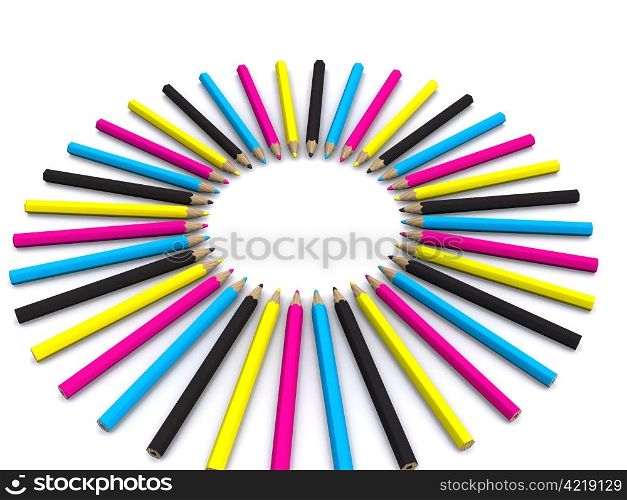 CMYK colored pencils around. 3D