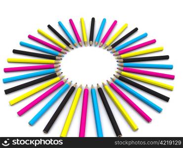 CMYK colored pencils around. 3D