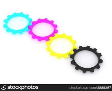 CMYK, Cyan, Magenta, Yellow, Key, in the form of gears. the concept of print settings. 3d
