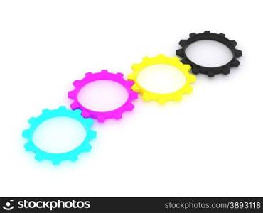 CMYK, Cyan, Magenta, Yellow, Key, in the form of gears. the concept of print settings. 3d