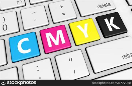 Cmyk digital offset printing and graphic design concept with colors and letter on a laptop computer keyboard 3d illustration for blog, shop and online business.