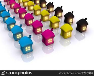 CMYK homes with light in window. 3d