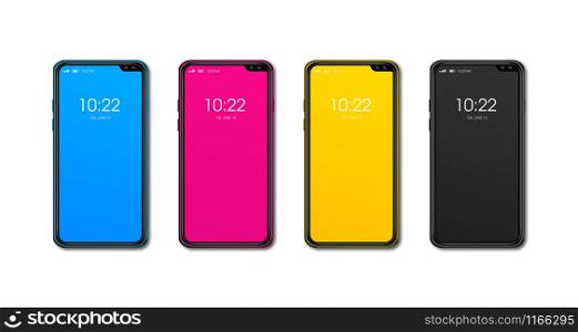 CMYK smartphone colorful set isolated on white Background. 3D render. CMYK smartphone set isolated on white Background. 3D render