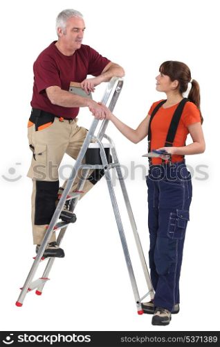 Co-workers with a stepladder