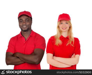 Co-workers with their red uniform isolated on a white background