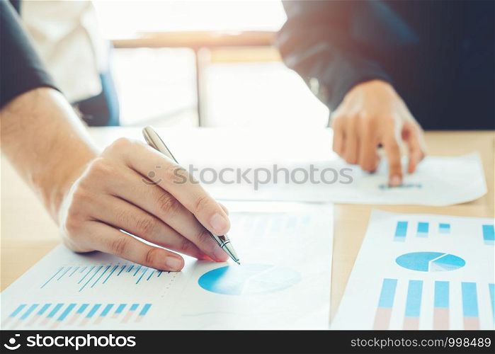 Co-working Business Team meeting Planning Strategy Analysis investment and saving concept. meeting discussing new plan financial graph data