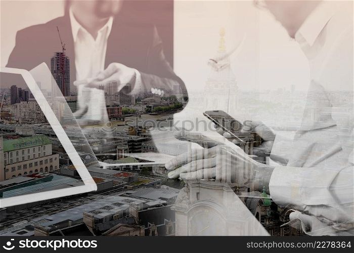 co working team meeting concept,businessman using smart phone and digital tablet and laptop computer in modern office with London city exposure