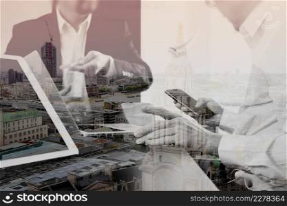 co working team meeting concept,businessman using smart phone and digital tablet and laptop computer in modern office with London city exposure