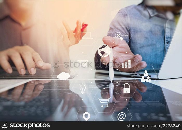 co working team meeting concept,businessman using smart phone and laptop and digital tablet computer in modern office with virtual interface icons network diagram