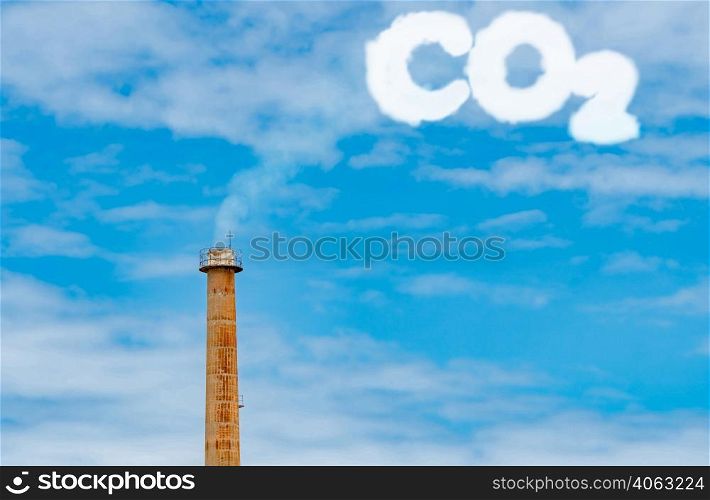 CO2 emissions. CO2 greenhouse gas emissions from factory chimney. Carbon dioxide gas global air climate pollution. Carbon dioxide in earths atmosphere. Greenhouse gas. Smoke emissions from chimney.