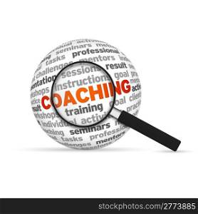 Coaching 3d Word Sphere with magnifying glass on white background.