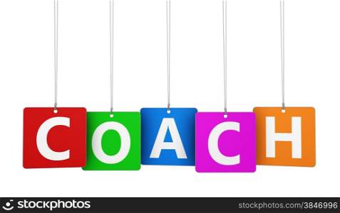 Coaching business and training concept with coach word and sign on colourful tags isolated on white background.