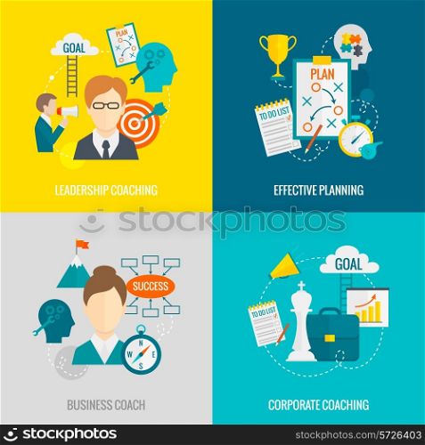 Coaching business design concept set with business corporate leadership coaching effective planning flat icons isolated vector illustration