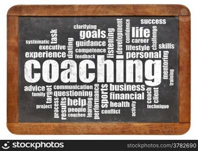 coaching concept - a related word cloud on a vintage blackboard