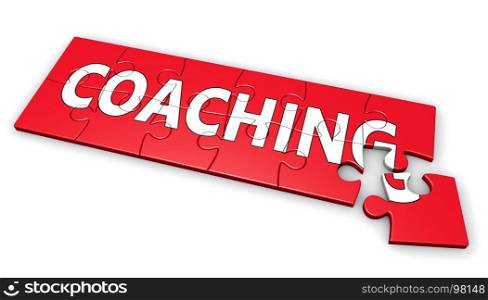 Coaching life and business concept with sign and word on a red puzzle 3D illustration isolated on white background.