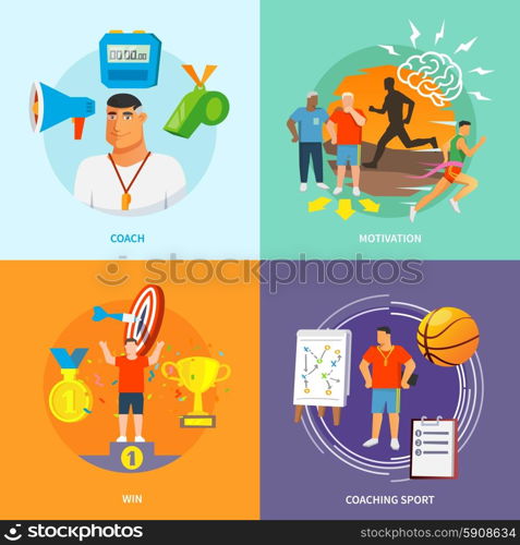 Coaching sport design concept set with motivation flat icons set isolated vector illustration. Coaching Sport Flat