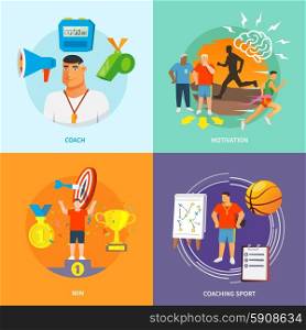 Coaching sport design concept set with motivation flat icons set isolated vector illustration. Coaching Sport Flat