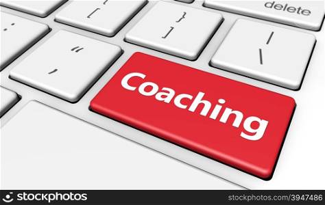 Coaching, training and life management concept 3d illustration with sign and word on a red computer button key.