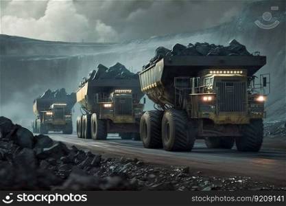 Coal Dump Trucks in an Open Cut Coal Mine. Generative ai. High quality illustration. Coal Dump Trucks in an Open Cut Coal Mine. Generative ai
