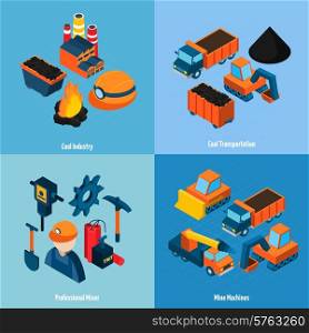 Coal industry design concept set with transportation mine machines and professional miner isometric icons isolated vector illustration