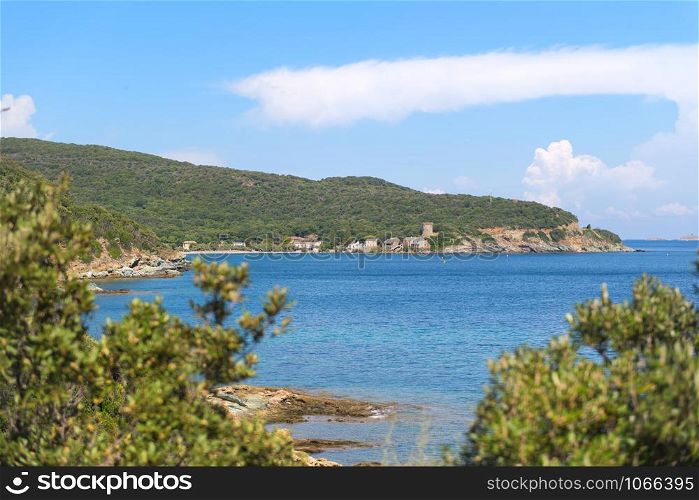 Coast Corse Corse with little village and Genuan defense tower