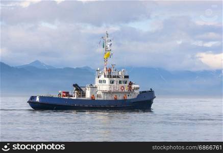 Coast Guard ship in the bay of the Pacific Ocean in Kamchatka