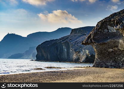 Coast landscape in Spain. Monsul beach in Cabo de Gata Nijar Natural Park, province Almeria Andalusia.. Monsul beach, Park Cabo de Gata in Spain