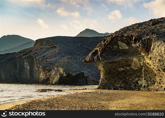 Coast landscape in Spain. Monsul beach in Cabo de Gata Nijar Natural Park, province Almeria Andalusia. Nature reserve.. Monsul beach, Park Cabo de Gata in Spain