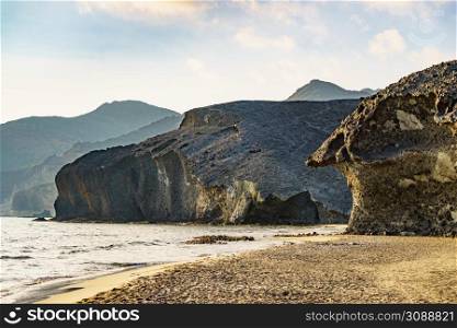 Coast landscape in Spain. Monsul beach in Cabo de Gata Nijar Natural Park, province Almeria Andalusia.. Monsul beach, Park Cabo de Gata in Spain