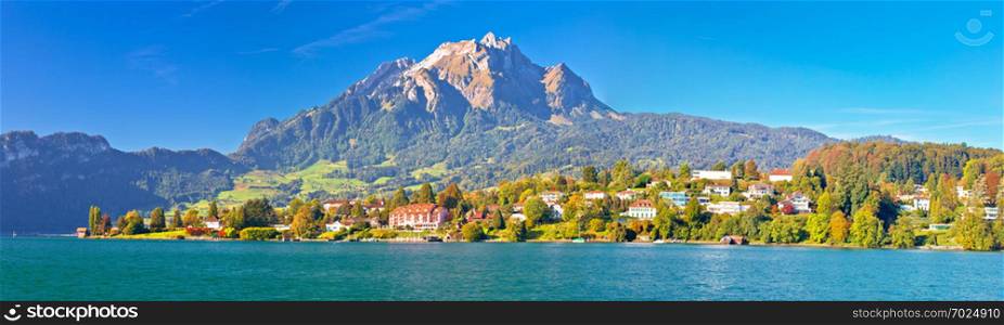 Coast of Lake Lucerne and Pilatus mountain panoramic view, landscape of central Switzerland