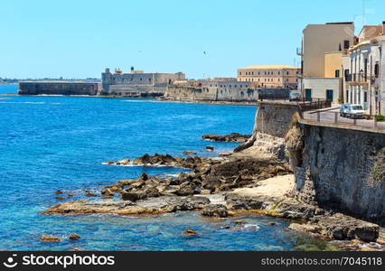 Coast of Ortigia island at city of Syracuse, Sicily, Italy. Beautiful travel photo of Sicily.