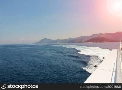 Coast of Tyrrhenian Sea on Elba Island, Italy. View from sailing boat