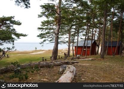 Coast view with fishermens old cabins. From the island oland in Sweden.