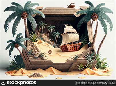 Coastal beach with open pirate chest and tropics illustration. AI generative.