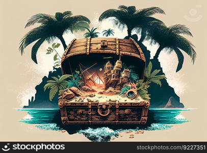 Coastal beach with open pirate chest and tropics illustration. AI generative.