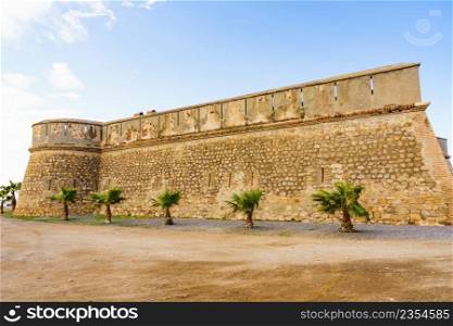Coastal fortification, castle Carchuna, Granada province, Andalusia Spain. Tourist attraction. Carchuna castle, Andalusia Spain
