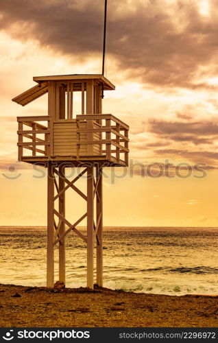 Coastal landscape sandy seashore with lifeguard tower. Carchuna beach. Costa tropical, Granada. Andalucia Spain.. Carchuna Beach, Andalucia Spain