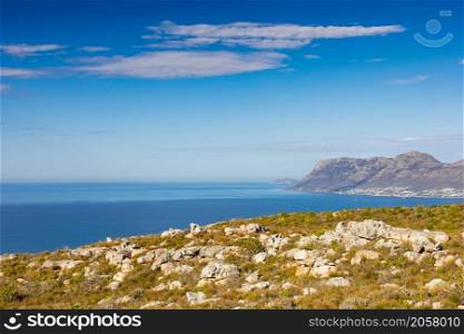 Coastal mountain landscape with fynbos flora in Cape Town South Africa