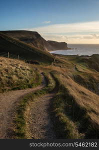 Coastal path landscace at sunrise on Jurassic Coast England