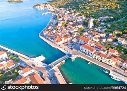 Coastal town of Tisno aerial panoramic view, bridge to island of Murter, Dalmatia, Croatia 
