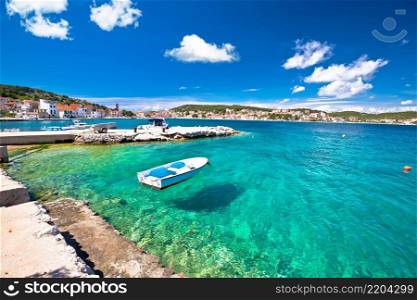 Coastal town of Tisno turquoise waterfront view, bridge to island of Murter, Dalmatia, Croatia