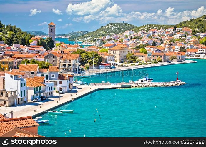 Coastal town of Tisno waterfront view, bridge to island of Murter, Dalmatia, Croatia