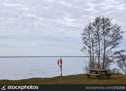 Coastal view from a resting place with lifebuoy and bench at the swedish island Oland in the Baltic Sea