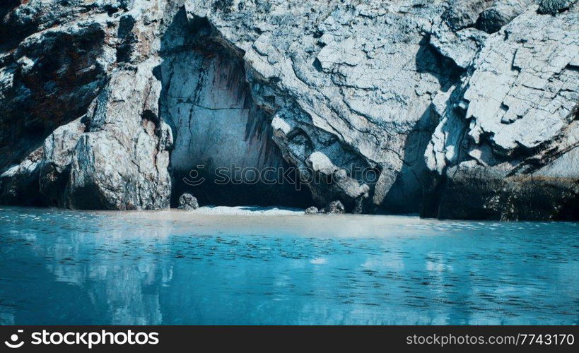 coastal view of a sand beach with cliffs