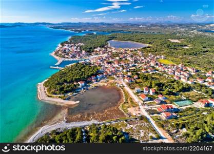 Coastal village of Zablace aerial panoramic view, Sibenik archipelago, Dalmatia region of Croatia