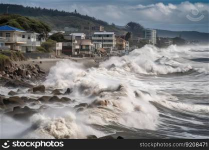 coastline devastated by tsunami, with waves crashing against submerged buildings, created with generative ai. coastline devastated by tsunami, with waves crashing against submerged buildings