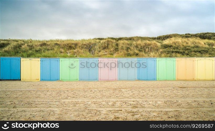 Coastline impressions near the city of Domburg, netherland, europe. Colorful beach cabins at North Sea beach