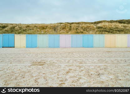 Coastline impressions near the city of Domburg, netherland, europe. Colorful beach cabins at North Sea beach
