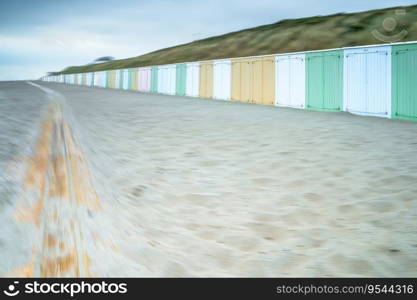 Coastline impressions near the city of Domburg, netherland, europe. Beach cabins colorfully colored tiny houses